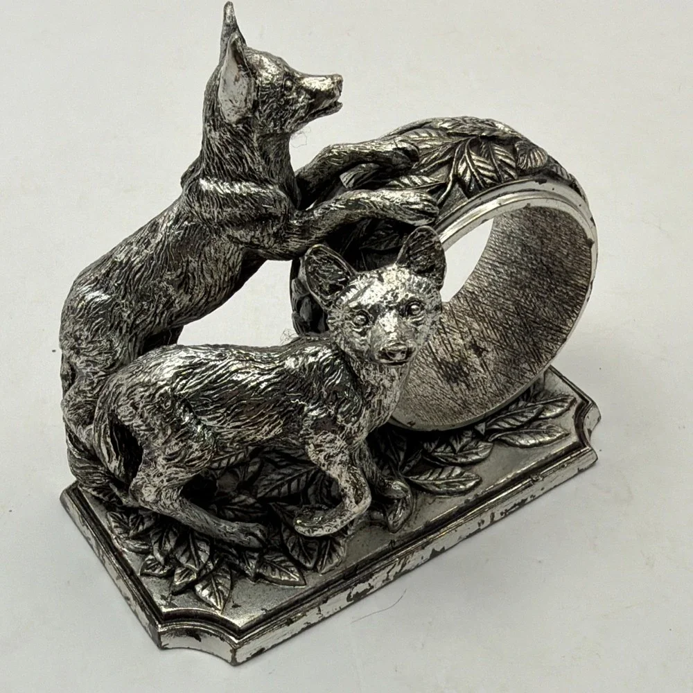 Franklin Mint Animals At Play Napkin Ring Silver Plate Canine Vintage 1977